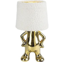 Lampă de masă decorativă cu abajur alb și picior auriu în formă de figurină