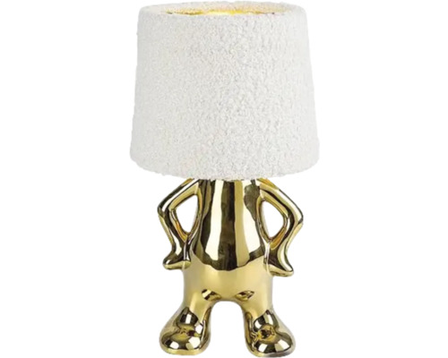 Lampă de masă decorativă cu abajur alb și picior auriu în formă de figurină