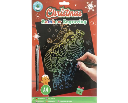 Planșă răzuibilă Moș Crăciun A4 multicolor Christmas Rainbow Engraving Set de gravură curcubeu de Crăciun A4 cu stilou și șablon