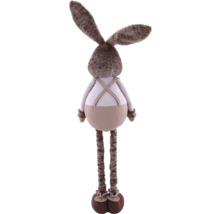 Iepure de pluș cu picioare lungi și salopetă