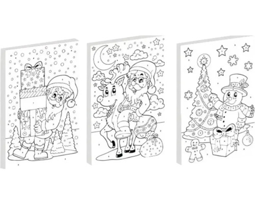 Pictură pe numere Moș Crăciun Trei pagini de colorat cu teme de Crăciun: Moș Crăciun cu cadouri, Moș Crăciun pe ren, Om de zăpadă cu brad de Crăciun