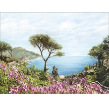 Pictură a unui peisaj de coastă mediteranean cu flori și copaci