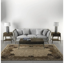 Cameră de zi cu canapea, covor, măsuță de cafea și noptiere cu lămpi.