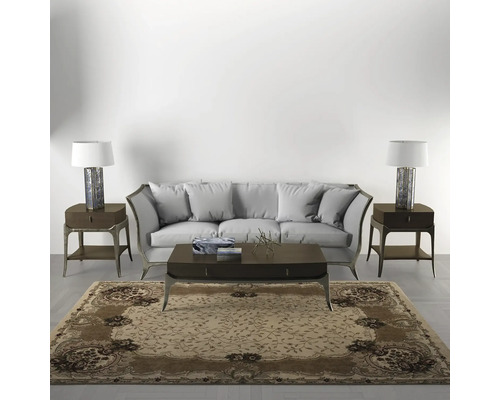 Cameră de zi cu canapea, covor, măsuță de cafea și noptiere cu lămpi.