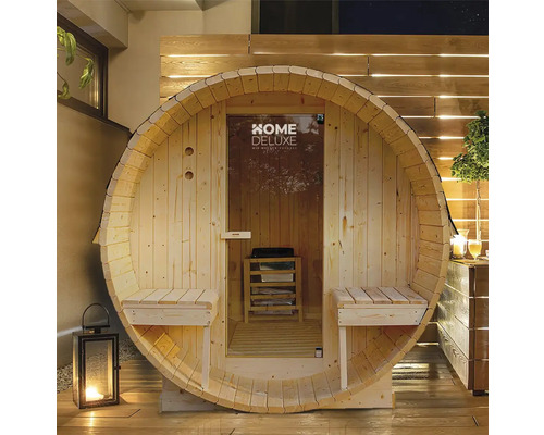 Saună butoi cu bănci și logo Home Deluxe