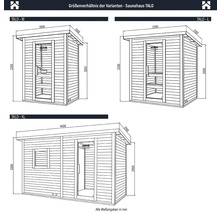 Comparație dimensiuni variante Saunahaus TALO M, L și XL cu indicații de dimensiuni