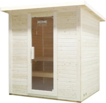 Saună din lemn cu ușă din sticlă și logo Home Deluxe