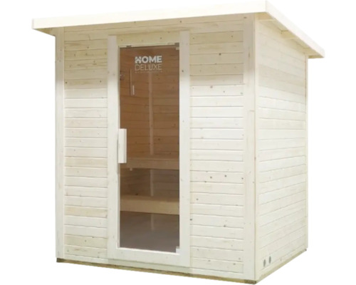Saună din lemn cu ușă din sticlă și logo Home Deluxe