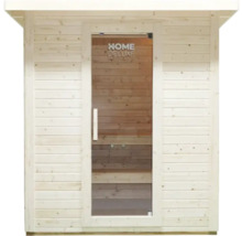 Saună din lemn cu ușă de sticlă și logo Home Deluxe