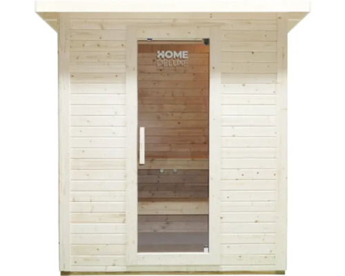 Saună din lemn cu ușă de sticlă și logo Home Deluxe