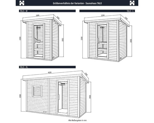 Comparație dimensiuni variante saună TALO în mărimile M, L și XL cu detalii dimensionale.