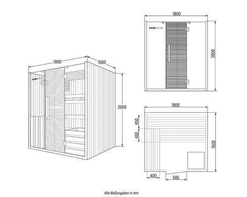 Saună HOME DELUXE cu dimensiuni indicate