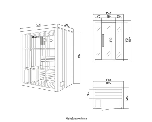 Desen tehnic al unei saune Home Deluxe cu dimensiuni