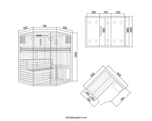 Desen tehnic al unei saune Home Deluxe cu dimensiuni