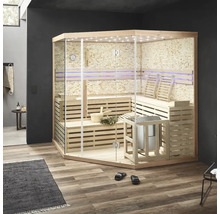 Saună modernă cu fațadă de sticlă, bănci de lemn și sobă într-un interior