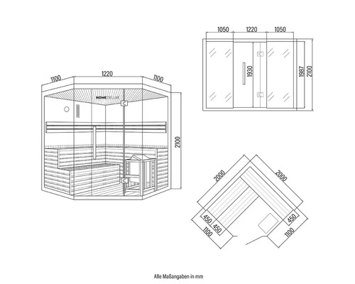 Desen tehnic al unei saune Home Deluxe cu dimensiuni