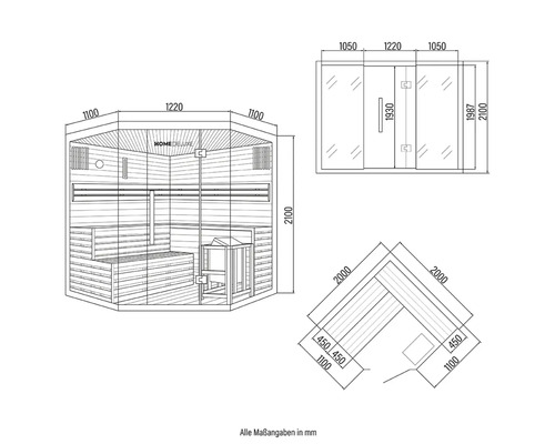 Desen tehnic al unei saune Home Deluxe cu dimensiuni