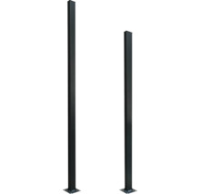 Doi stâlpi negri metalici pentru gard cu bază pătrată