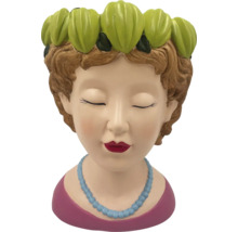 Vas decorativ pentru plante în formă de cap de femeie cu decorațiuni florale