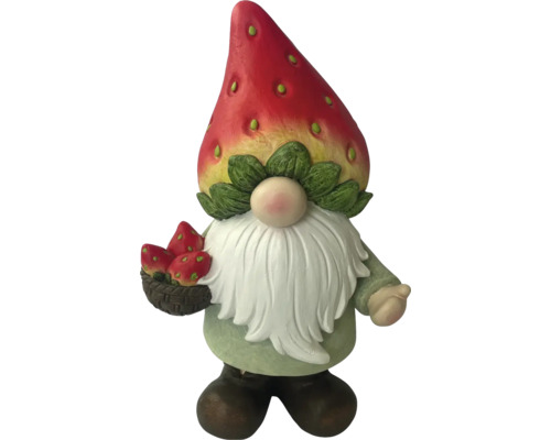 Gnom de grădină cu pălărie căpșună și căpșuni într-un coș
