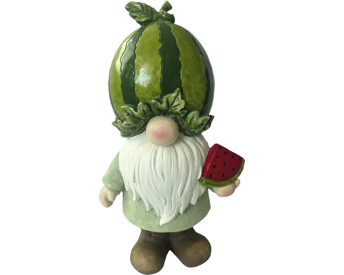 Gnom de grădină cu pepene verde ca și cap și un pepene verde în mână