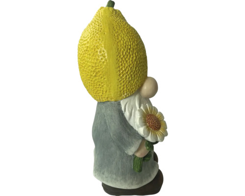 Gnom de grădină cu lămâie drept cap și floarea-soarelui în mână