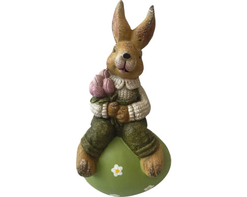Figurină decorativă de iepure de Paște cu buchet de flori și ou
