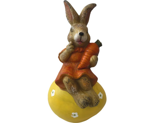 Figurină decorativă de iepure cu morcov pe ou galben pentru Paște
