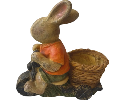 Figurină decorativă de iepuraș pe motocicletă cu coș pentru grădină