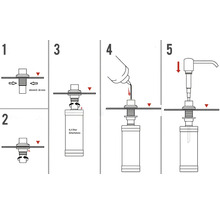 Instrucțiuni de montaj pentru un dozator de săpun cu o capacitate de 0,3 litri și un diametru de 26 de milimetri.