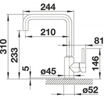 Desen tehnic al unui robinet de bucătărie cu dimensiuni