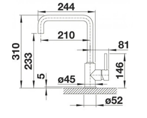 Desen tehnic al unei baterii de bucătărie cu dimensiuni