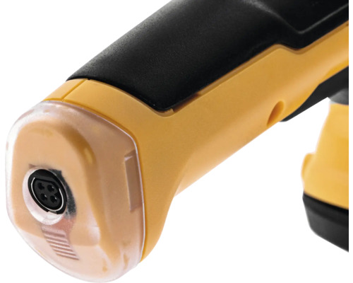 Imagine detaliată a unui instrument de măsură cu mâner negru și carcasă galbenă