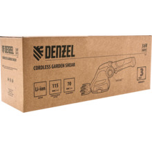 Ambalaj pentru foarfecele de grădină fără fir Denzel, cu informații despre produs, cum ar fi tehnologia bateriei, lungimea de tăiere și perioada de garanție