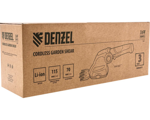 Ambalaj pentru foarfecele de grădină fără fir Denzel, cu informații despre produs, cum ar fi tehnologia bateriei, lungimea de tăiere și perioada de garanție