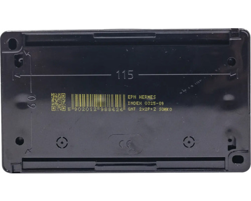 Carcasă neagră cu dimensiunile 115 x 60 mm, cod de bare și marcaj CE