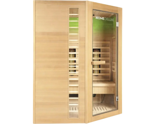 Saună cu infraroșu din lemn cu elemente de sticlă și logo Home Deluxe