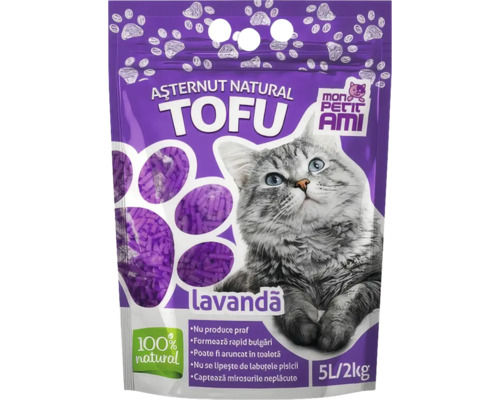 Așternut pentru pisici din tofu cu parfum de lavandă, în ambalaj de 5 litri