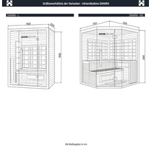 Comparație dimensiuni cabină cu infraroșu SAHARA în variantele L și XXL cu indicații de dimensiuni