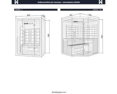 Comparație dimensiuni cabină cu infraroșu SAHARA în variantele L și XXL cu indicații de dimensiuni