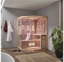 Saună cu infraroșu Home Deluxe, de colț, cu ușă de sticlă și placare cu lemn în baie