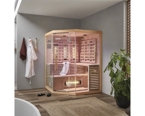 Saună cu infraroșu Home Deluxe, de colț, cu ușă de sticlă și placare cu lemn în baie