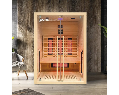 Saună cu infraroșu din lemn cu ușă de sticlă și logo Home Deluxe.