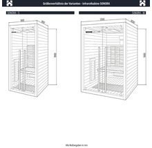 Comparație dimensiuni variante cabină cu infraroșu SONORA S și M cu dimensiuni