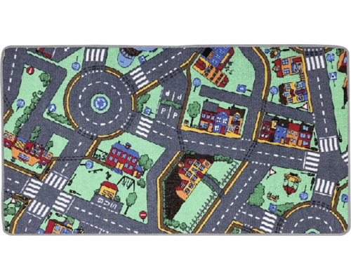 Covor de joacă cu model de străzi, clădiri și indicatoare rutiere
