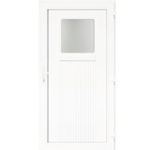 Ușă exterioară albă cu inserție de sticlă și caneluri verticale