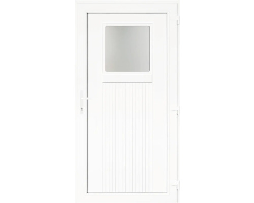 Ușă exterioară albă cu inserție de sticlă și caneluri verticale