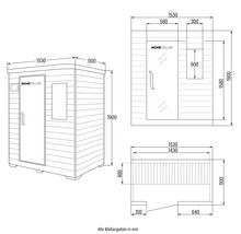 Desen tehnic al unei saune Home Deluxe cu dimensiuni