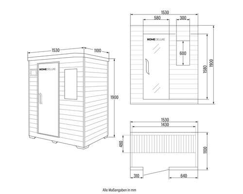 Desen tehnic al unei saune Home Deluxe cu dimensiuni