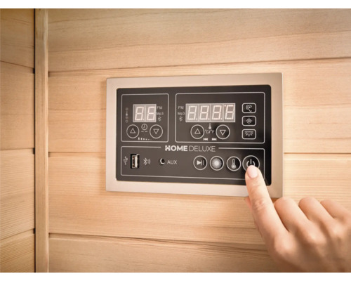 Panou de control al unei saune Home Deluxe cu afișaj digital și diverse elemente de control